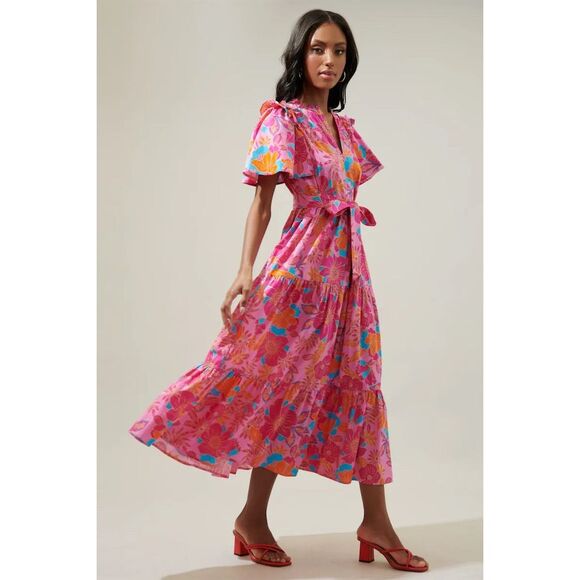 Sugarlips‎ Women's XS Floral Tiered Shift Midi Dress Multicolor Spring - Picture 4 of 5
